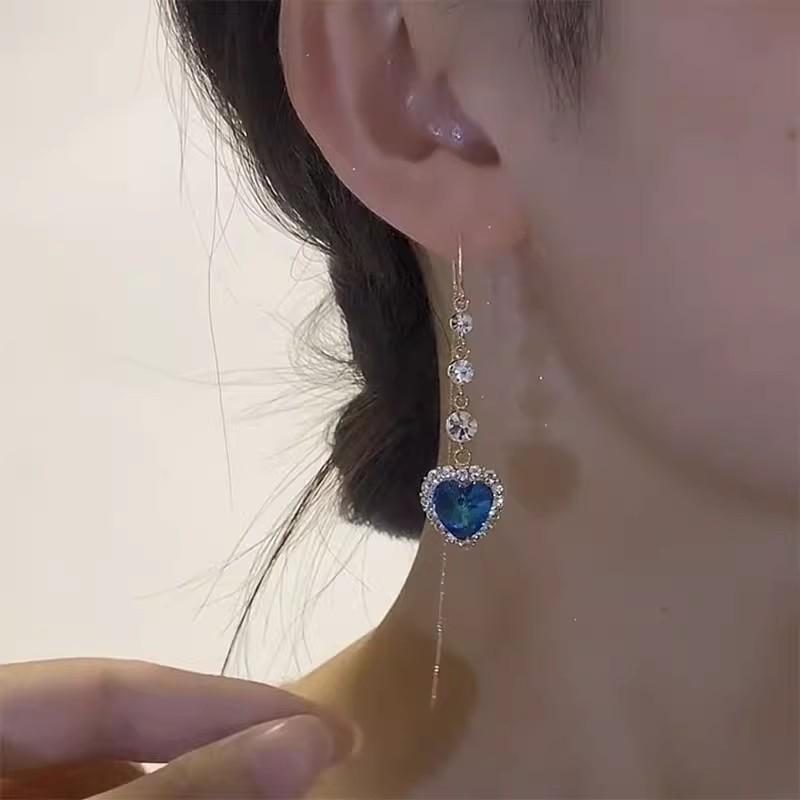 Элегантные женские серьги Love с голубыми кристаллами – длинные, роскошный дизайн