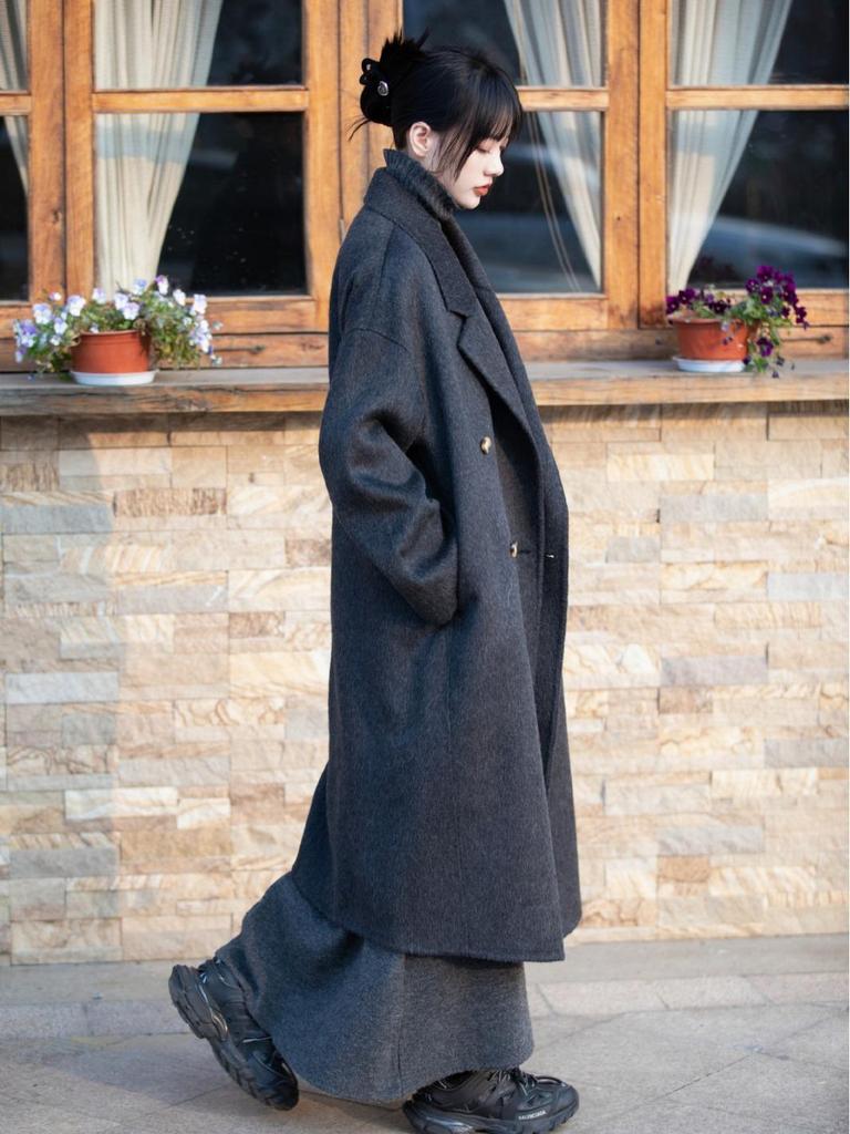 Korean Style Women's Long-Haired Double-Faced Wool Cashmere Cocoon Coat
