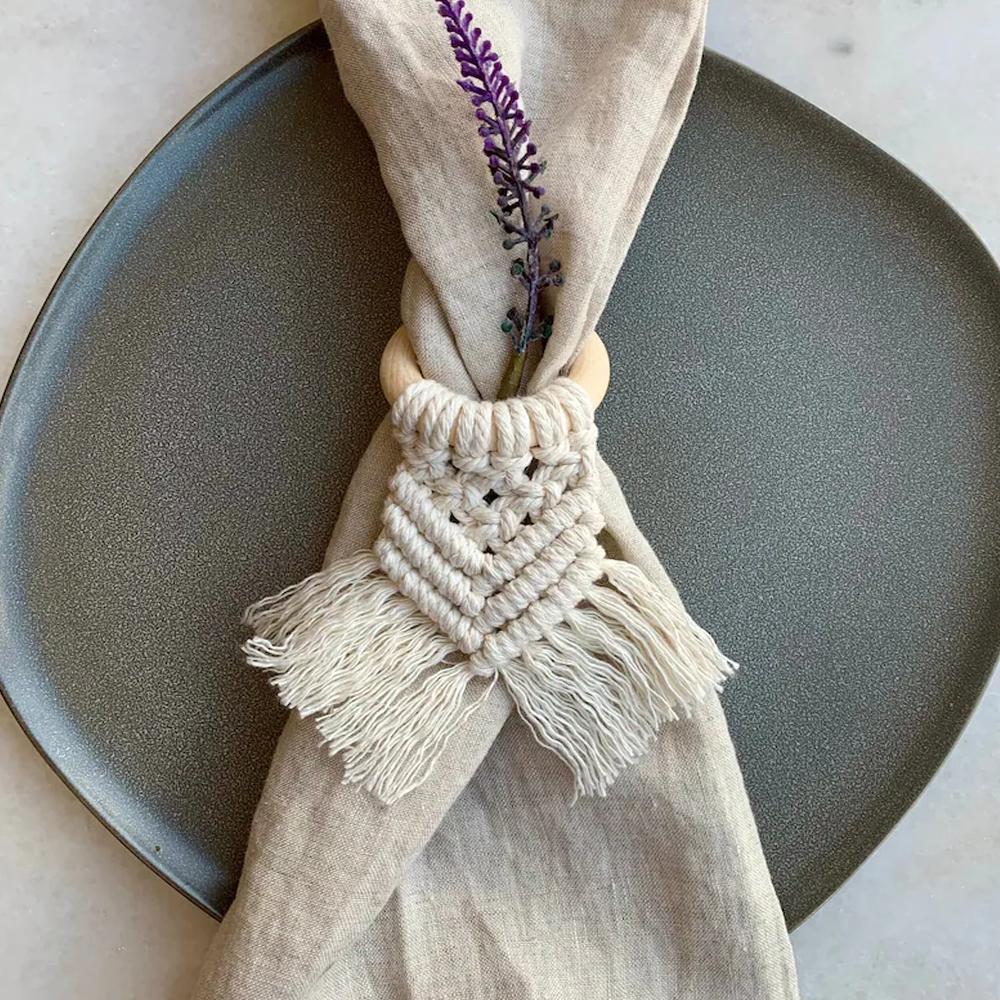 Boho Napkin Rings with Wooden Ring, Handmade Woven Fringe Napkin Holders for Rustic Wedding, Party & Farmhouse Table Decor