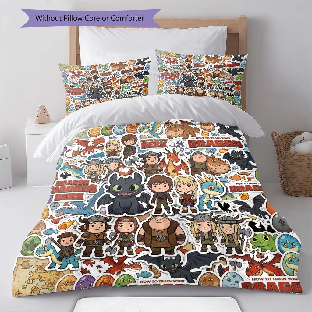 How Train Dragon Pattern Bedding Quilt Set Quilt Cover Pillowcase Home Birthday Gift(1 * duvet cover + 2 * pillowcase, without core)