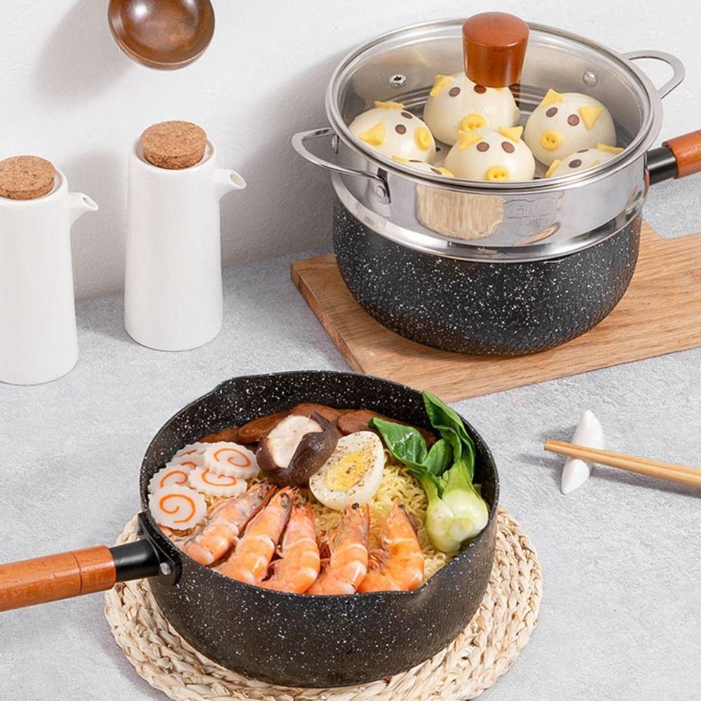 Wood Handle Cooking Saucepan with Lid and Pour Spout Frying Pan Durable Soup Pot  Noodles