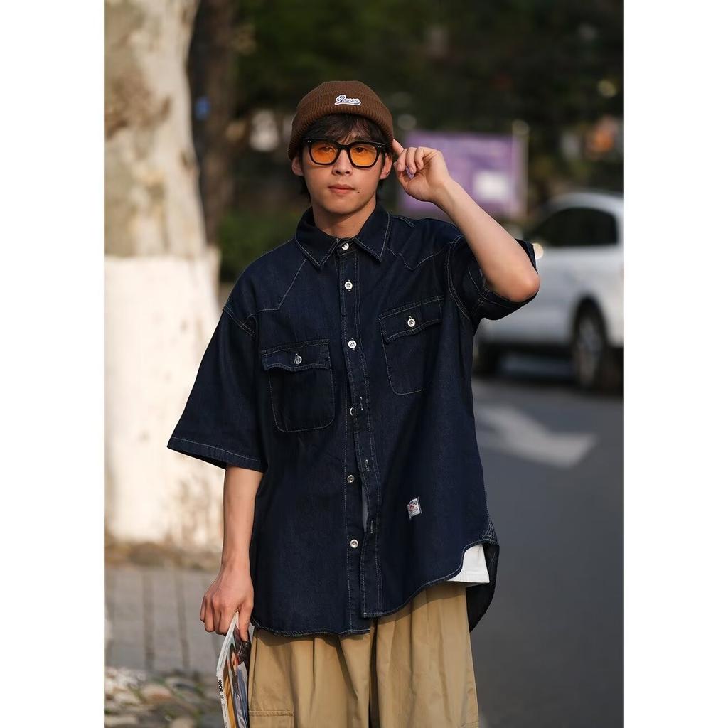 Японский ретро модный бренд летняя свободная джинсовая рубашка с короткими рукавами художественная молодежная рабочая рубашка мужская и женская многослойная куртка