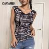 Women's Summer Elegant Special Printing Hollow Backless Sleeveless T-shirt Slim Thin Tops