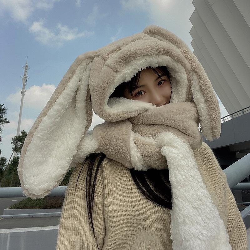 New Fashion Scarf Hat Glove 3 Piece Women Cute Big Ear Bunny Winter Warm Soft Thickening Pocket Hats Hooded