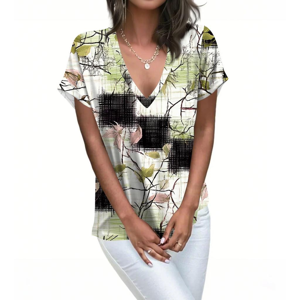Womens Short Sleeve V-Neck Shirts Floral Print Loose Casual Basic Tees Summer Tops