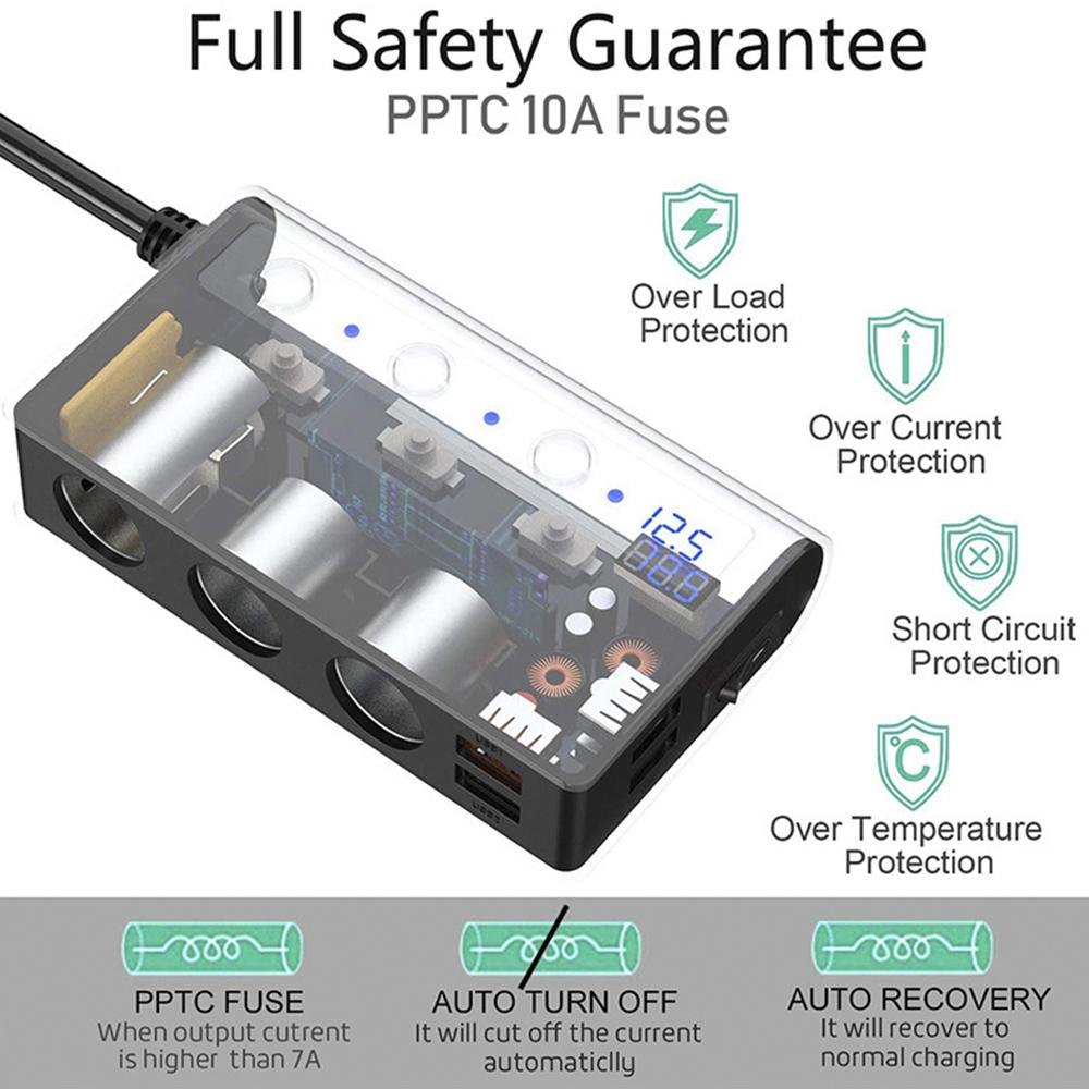 Адаптер автомобильного зарядного устройства 180 Вт Разветвитель гнезда прикуривателя 4 USB-порта Быстрая зарядка Qc3.0 для легковых автомобилей, грузовиков, внедорожников