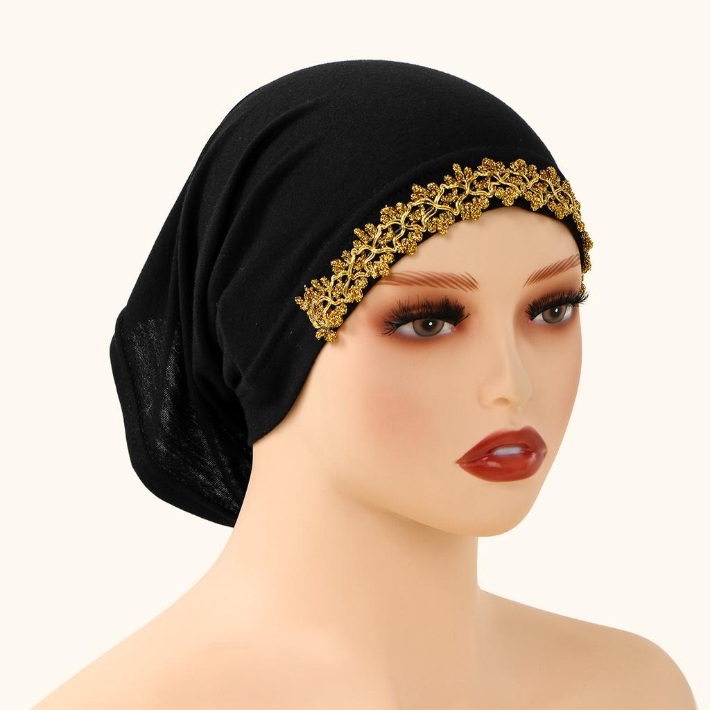 Золотые цветочные вышитые джерси-хиджабы для мусульманских женщин, модальная внутренняя шапочка, подхиджабник, тюрбан-трубка, мягкая эластичная шапочка, женская шляпа