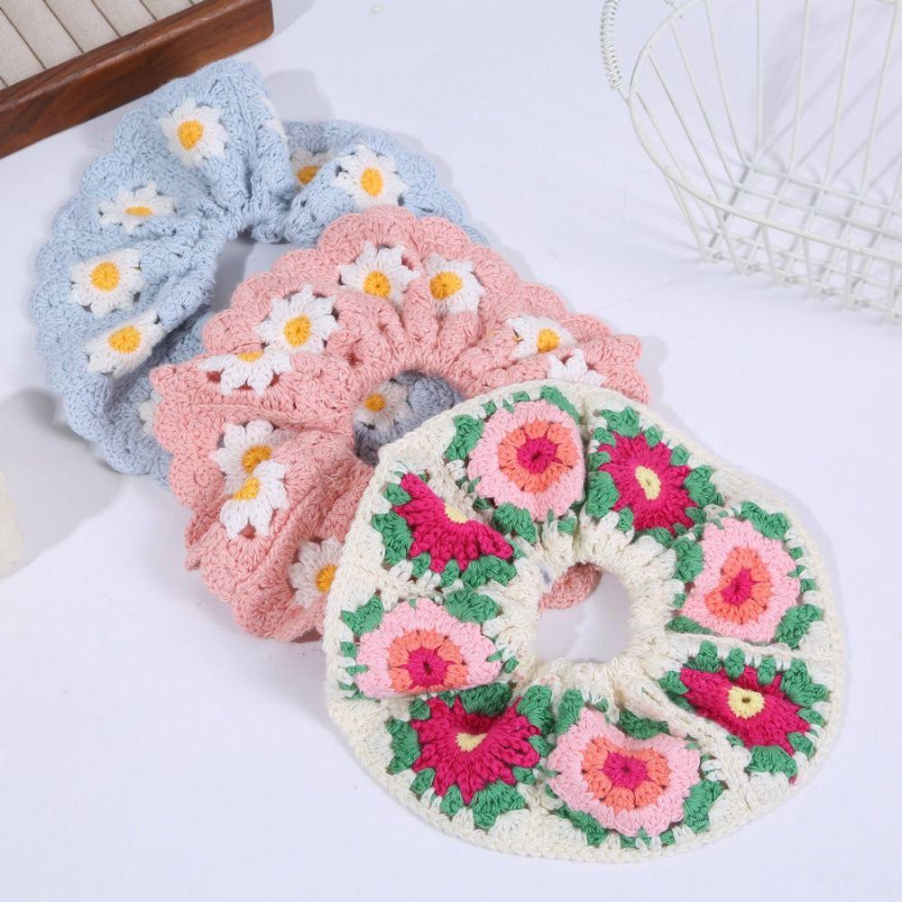 Elastic Crocheted Flower Scrunchies Flores Sweet Hair Tie Exquisite Knitted Hair Rope  Girls