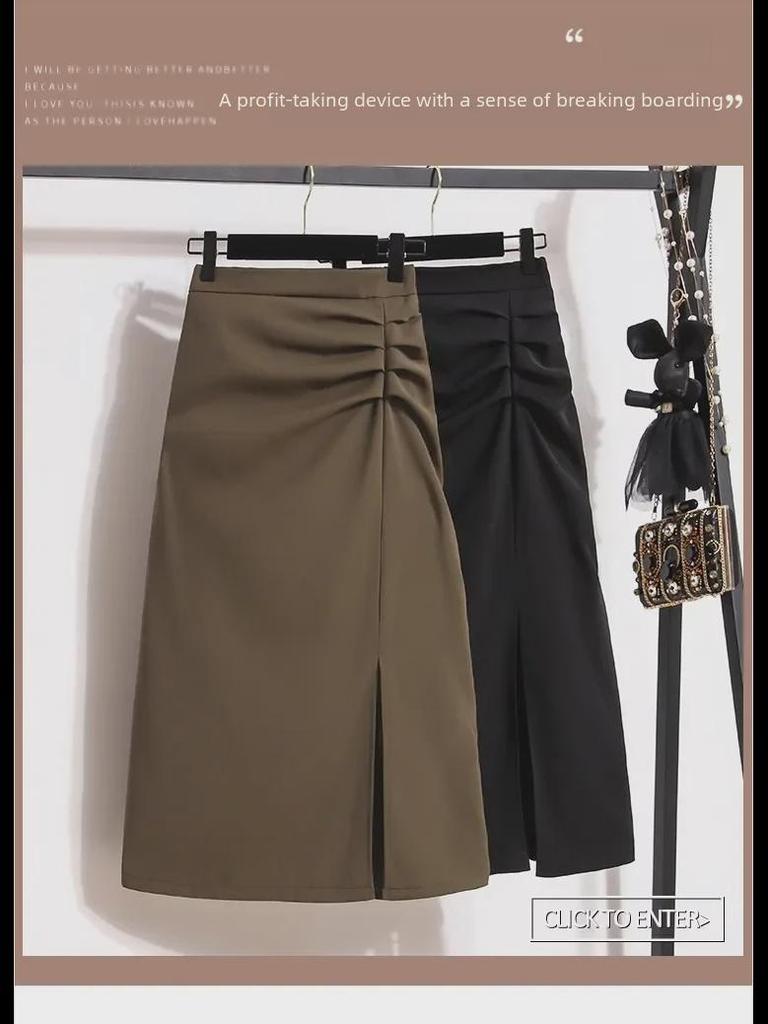 Женская высококачественная черная юбка с разрезом — средняя длина, высокая талия, облегающий крой на весну и осень 2024 г.