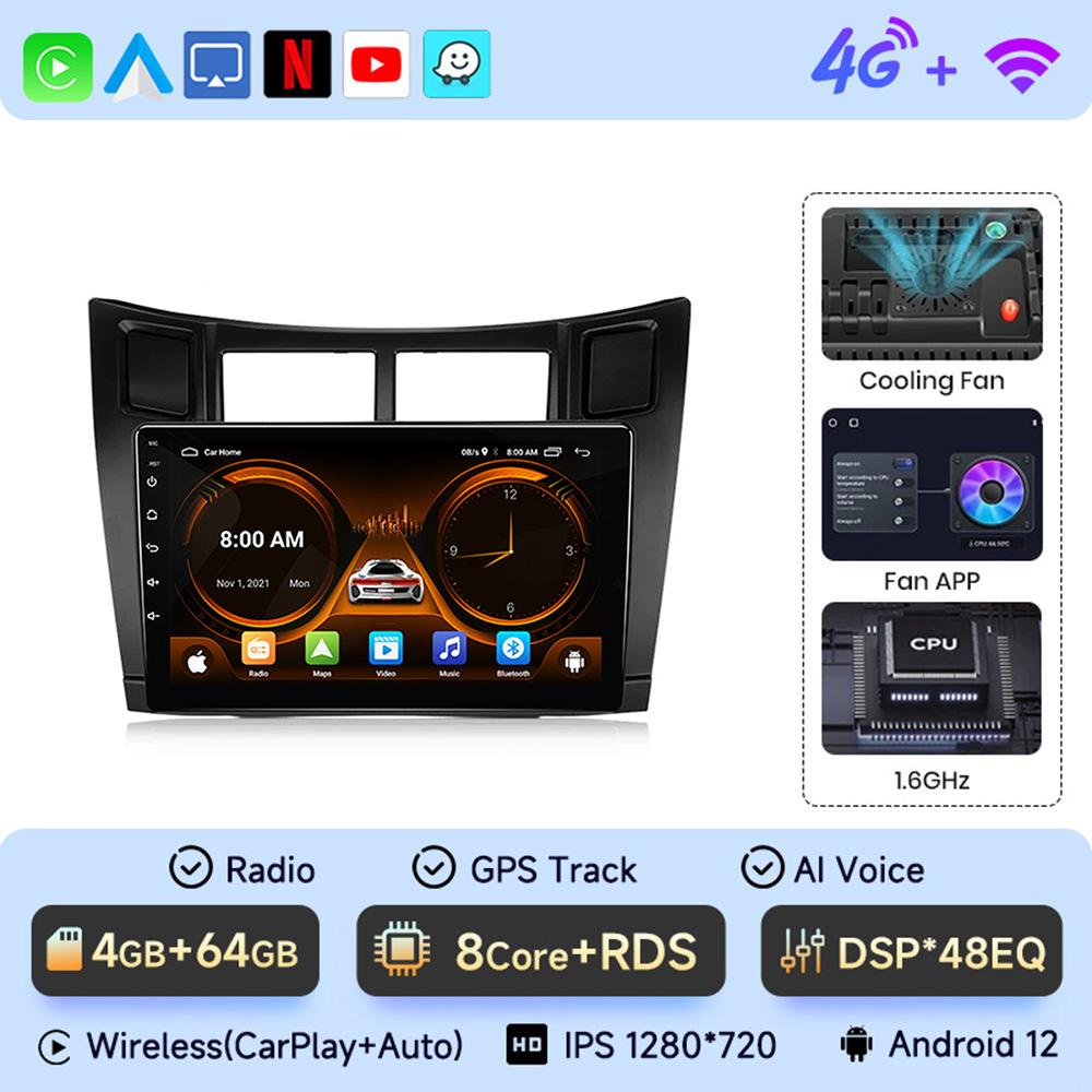 2 Din Автомагнитола Мультимедийный плеер Для Toyota Yaris 2005-2012 Android 12 4G GPS WIFI Навигация Стерео Головное устройство Carplay 4