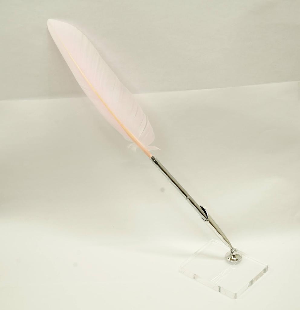 Набор японская ручка-роллер из латуни с гусиным пером, обработанная, подставка для ручки из прозрачного акрила с серебристым держателем для ручки, розовое перо, 2 шт. + Q-S6P3WG-2-P