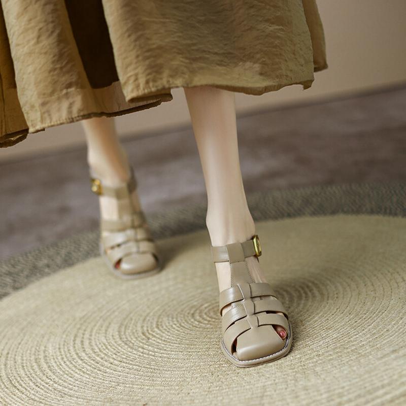 Summer Shoes Women Square Toe Cover Heel Shoes Gladiator Modern Sandals Split Leather Chunky Heel High Heels Roman Sandals