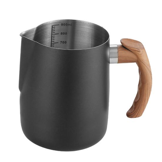 600/1000ML Milk Frothing Pitcher with Precise Scale Wooden Handle Dripless Spout Stainless Steel Latte Coffee Cup Milk