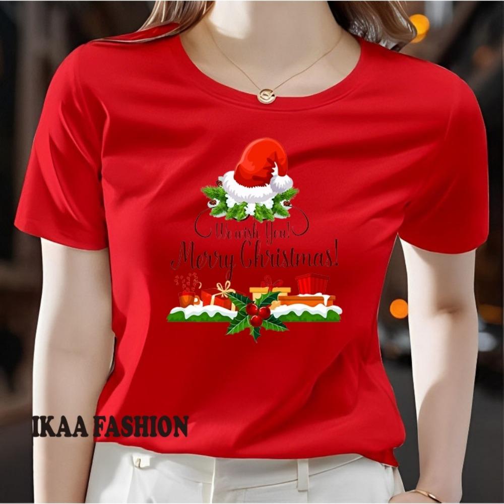 Ladies' Christmas Element Pattern Printed T-shirt - Short Sleeve Round Neck Casual Top