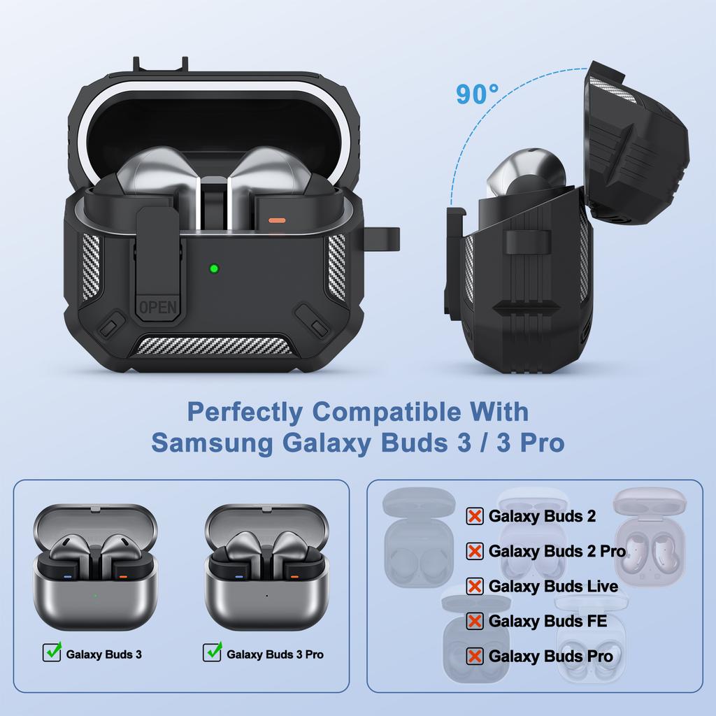 Чехол для Samsung Galaxy Buds 3 Pro/3, Чехол для наушников с надежным замком, Корпус наушников из углеродного волокна, Защитные чехлы на 360 градусов