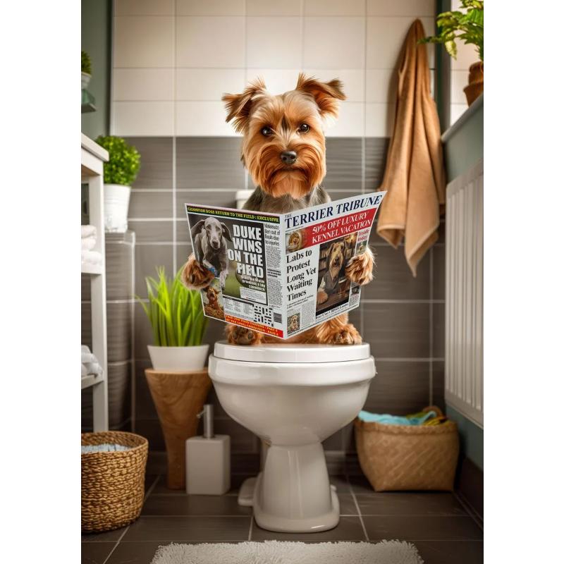Современный лев, собака, хайленд, сидящая на унитазе и читающая газету, плакат, забавный принт с животными, картина на холсте, декор для ванной комнаты, картина