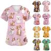 Women's Fashion Short Sleeve Cute Animal Printed V-Neck Pocket Workwear Tops