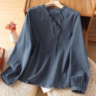 Женские пуловеры с длинными рукавами, осенне-зимняя хлопковая блузка, оверсайз, удобная клетчатая хлопковая рубашка, круглый вырез, свободные топы