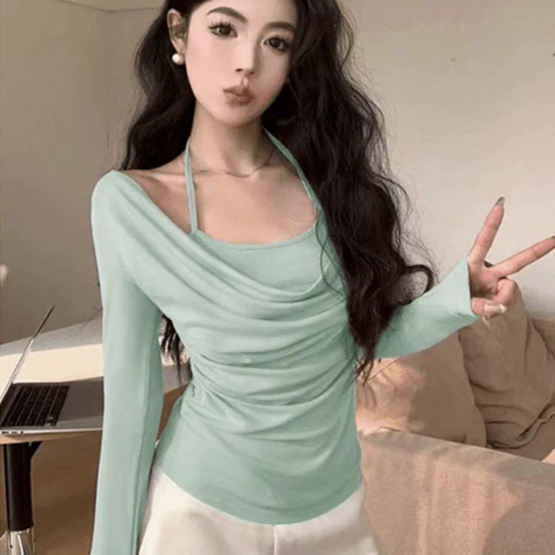 Поддельные две футболки с длинными рукавами и висячим воротником для женщин Pure Desire Wind and Wave Neck Base Shirt Sexy Temperament Top