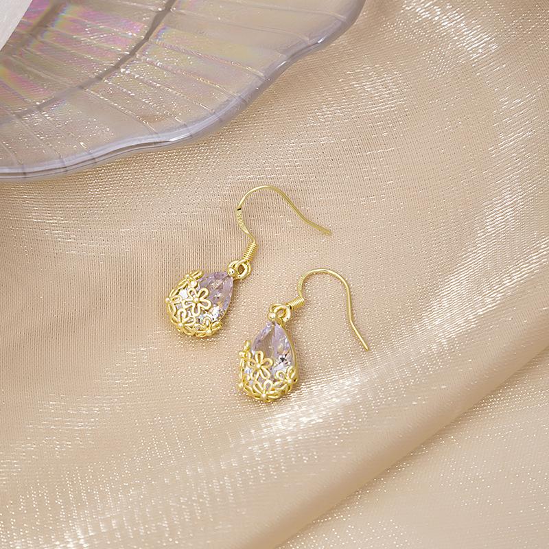Серебряные игольчатые французские романтические серьги-подвески с кристаллами и полым цветочным узором из циркония