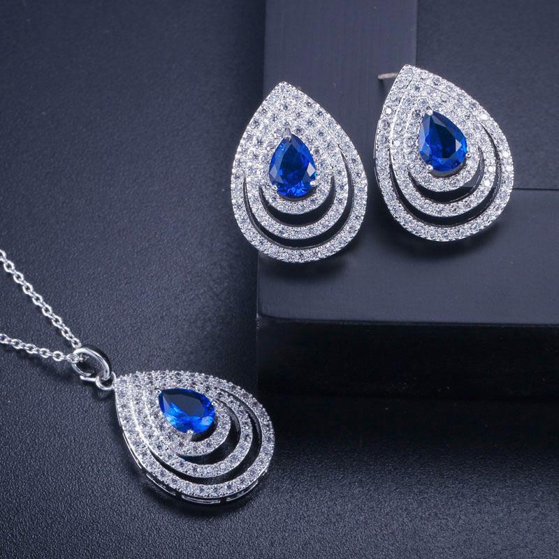Комплект ожерелья с серьгами-гвоздиками WWJ, австрийским королевским синим цирконом и большой каплей