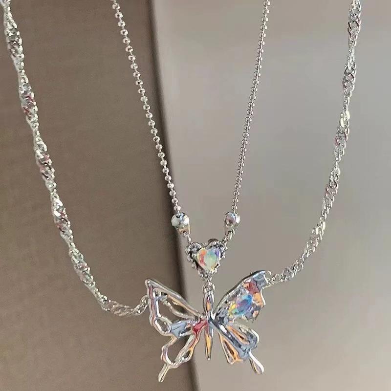 Silver Color  Heart Butterfly Pendant Necklace For Women Double Layer Clavicle Chain  Trendy Party Jewelry Gift