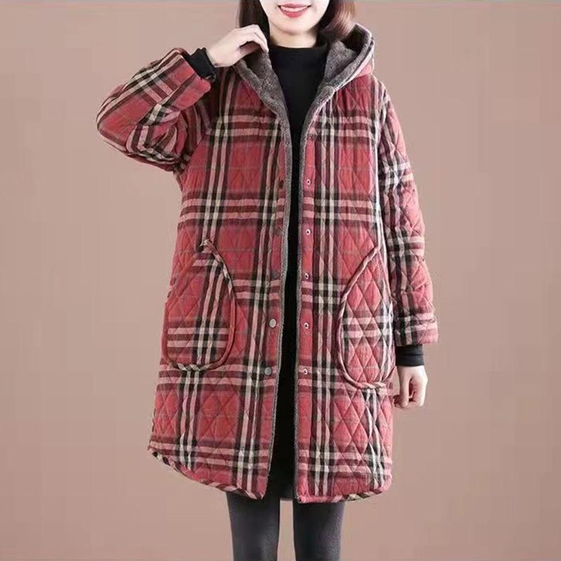 Хлопковая куртка, женская осенне-зимняя длинная утолщенная клетчатая куртка с капюшоном, теплая хлопковая куртка большого размера