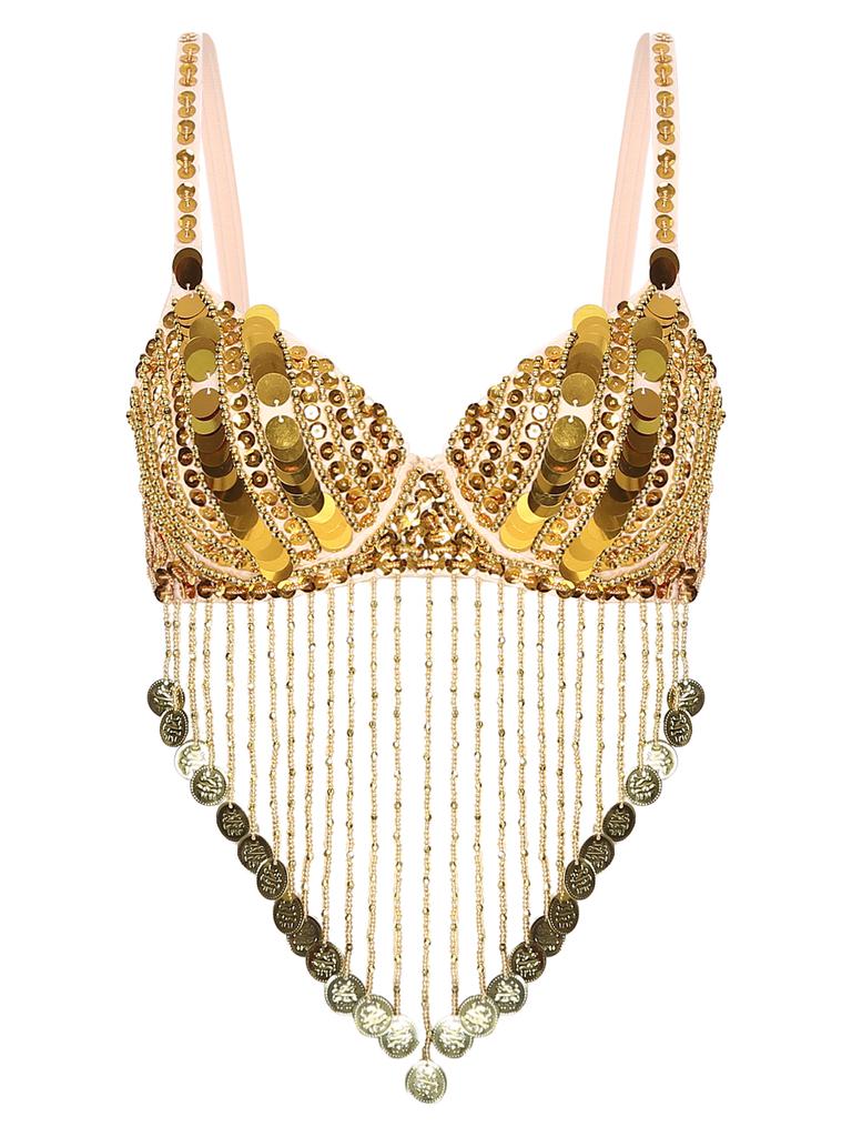 Женский блестящий бюстгальтер на косточках с блестками, бусинами, кисточками и топами для танца живота Rave