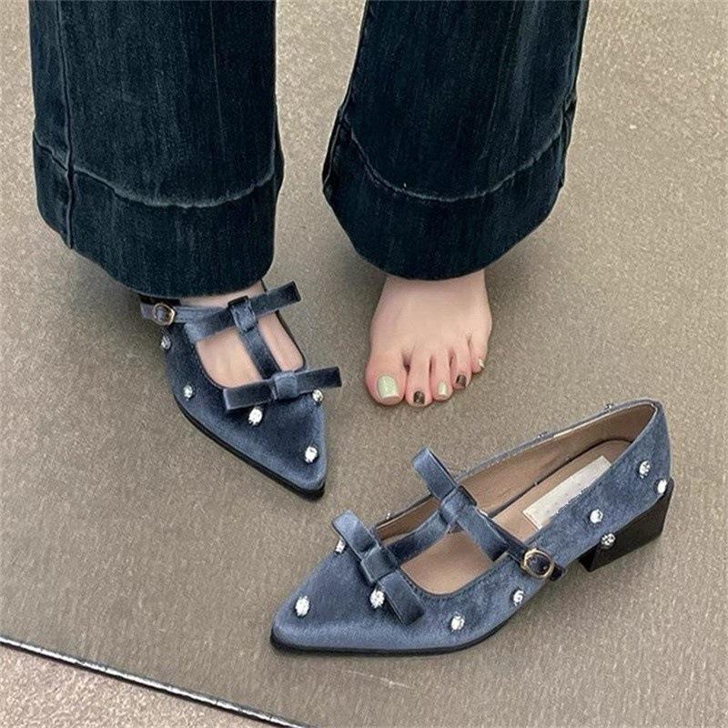 French Bow Mary Jane Shoes Women's 2025 New Beautiful Skirt Pointed Thick Heel Rhinestone Shoes