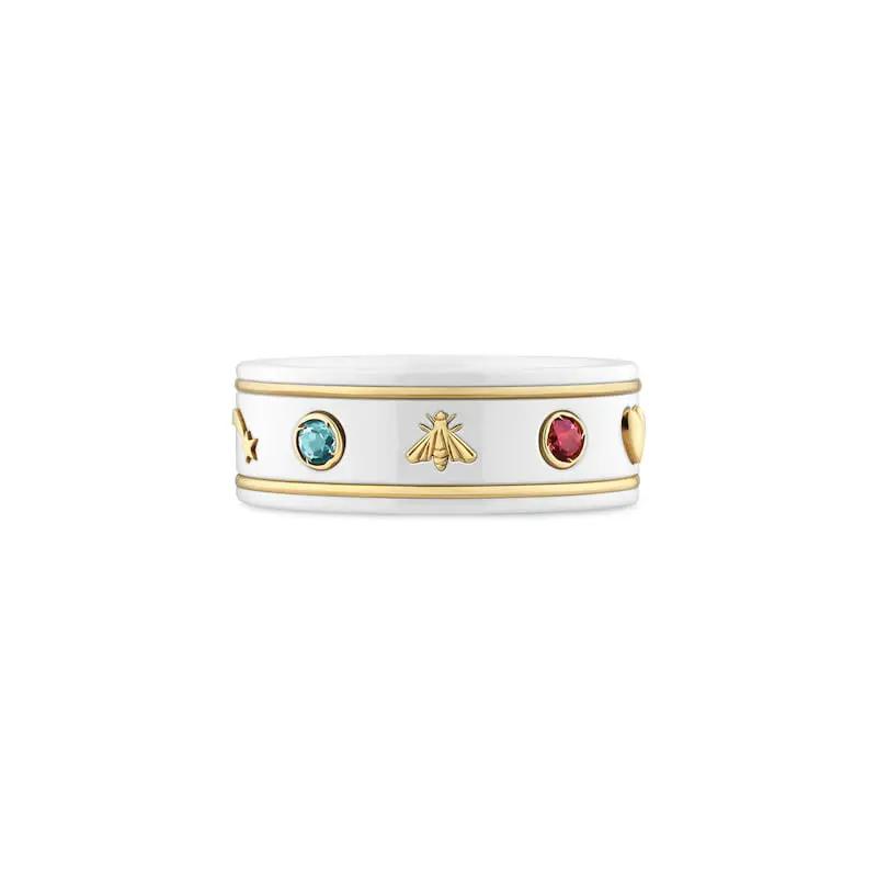 Gucci Icon Planet Bee Star Interlocking Double G Pattern Shiny 18K Gold Artificial Gemstone Ring Unisex ring White 527095-J8F76-8521
