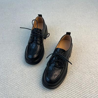 Вариант из овчины~ Женские кожаные туфли-лоферы на толстом каблуке со шнуровкой в студенческом стиле, универсальные туфли на платформе, повседневные британские туфли из кожи небольшого размера