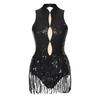 Women's Shiny Sequins Tassel Latin Jazz Dance Leotard Backless Fringed Bodysuit Lyrical Dance Costume