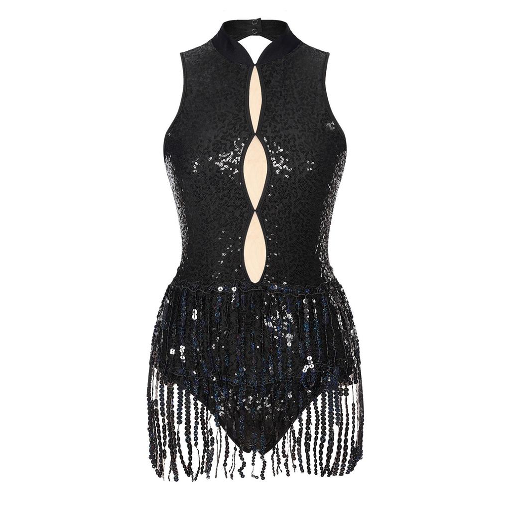 Women's Shiny Sequins Tassel Latin Jazz Dance Leotard Backless Fringed Bodysuit Lyrical Dance Costume
