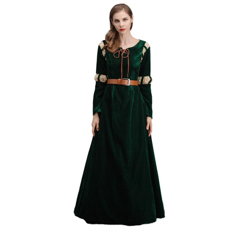 Women's Brave Merida Green Court Long Dress Halloween Cosplay Costume