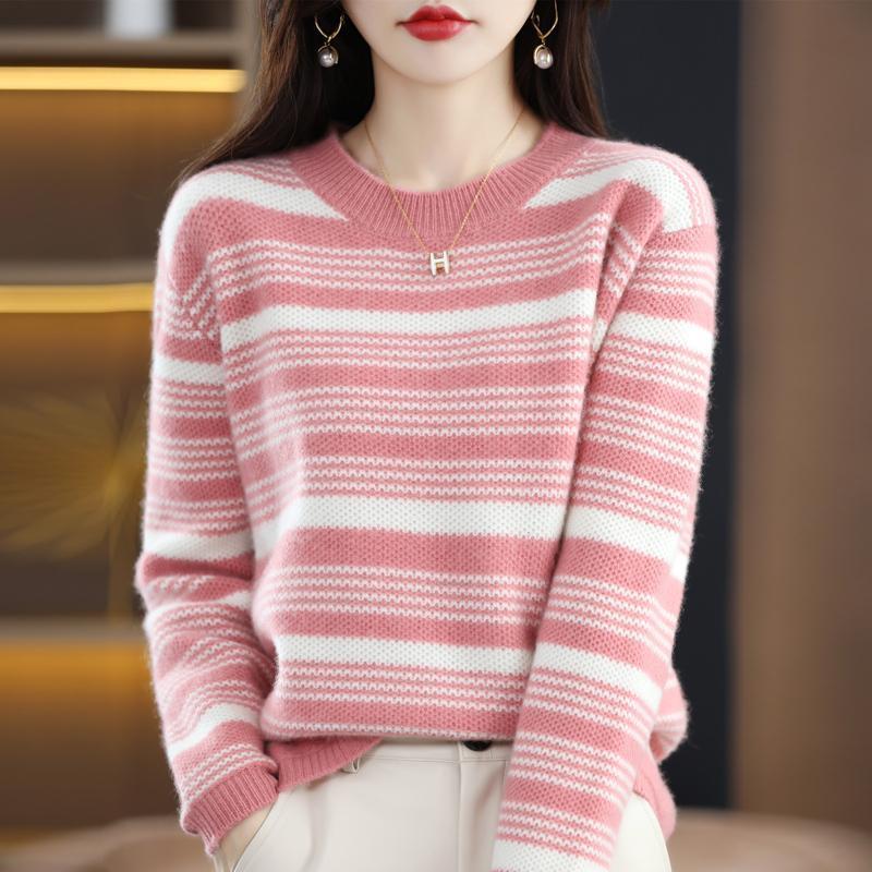 Winter Sweater Women's Round Neck Loose Autumn and Winter Striped Top Knitted Base Sweater