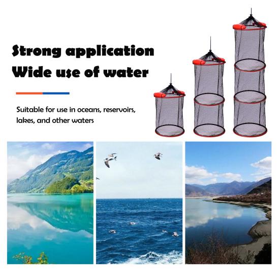 Portable Foldable Floating Fish Basket 1/2/3 Layers Live Caught Fish Storage Basket Collapsible Heavy Duty Nylon Mesh Fishing Keep Net Bag