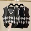 Vintage Argyle Plaid Knitted Sweater Vest Women Sleeveless V Neck Pullovers Vests Sweaters Casual Loose Knitwear Waistcoat 29065
