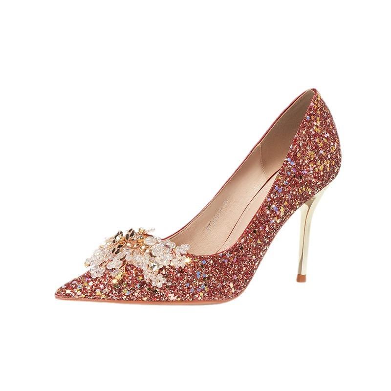 -Модные новые свадебные туфли праздничные женские туфли на высоком каблуке острые красные туфли на высоком каблуке банкетные блестящие шпильки одинарные