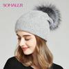 Winter Hats For Women Natural Fur Pompom Hat Warm Wool Slouchy Beanies For Female Fashion Skullies Lady Hats