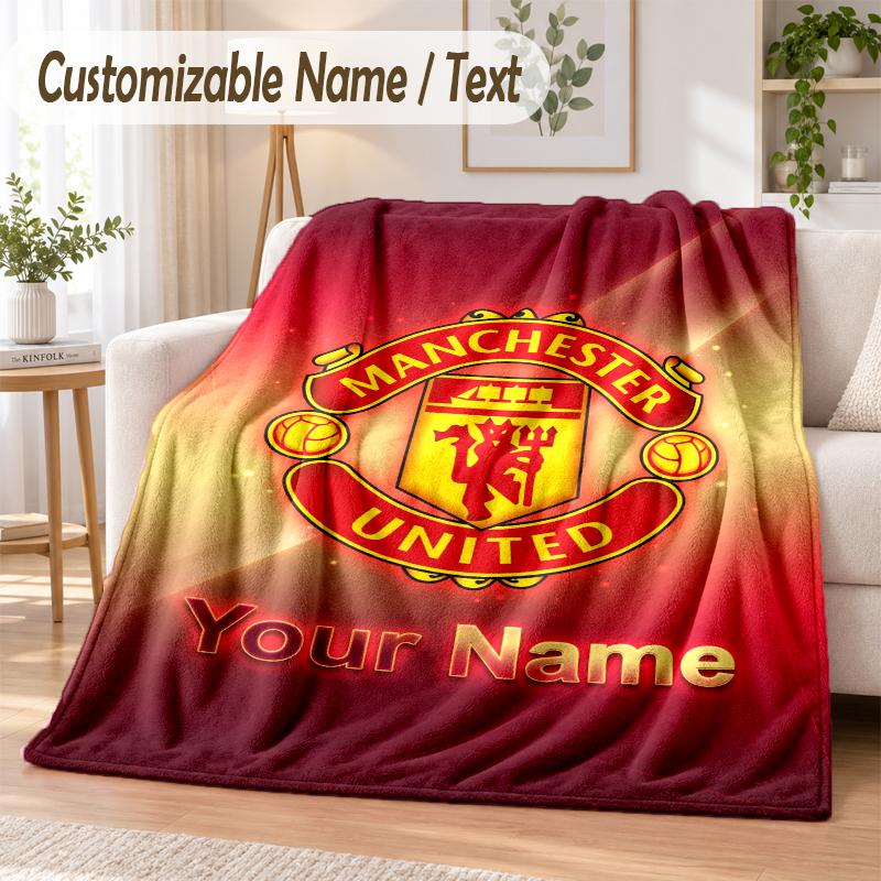Custom Text Flannel Blanket Manchester United Print Warm Cozy Blanket Home Sofa Bedding