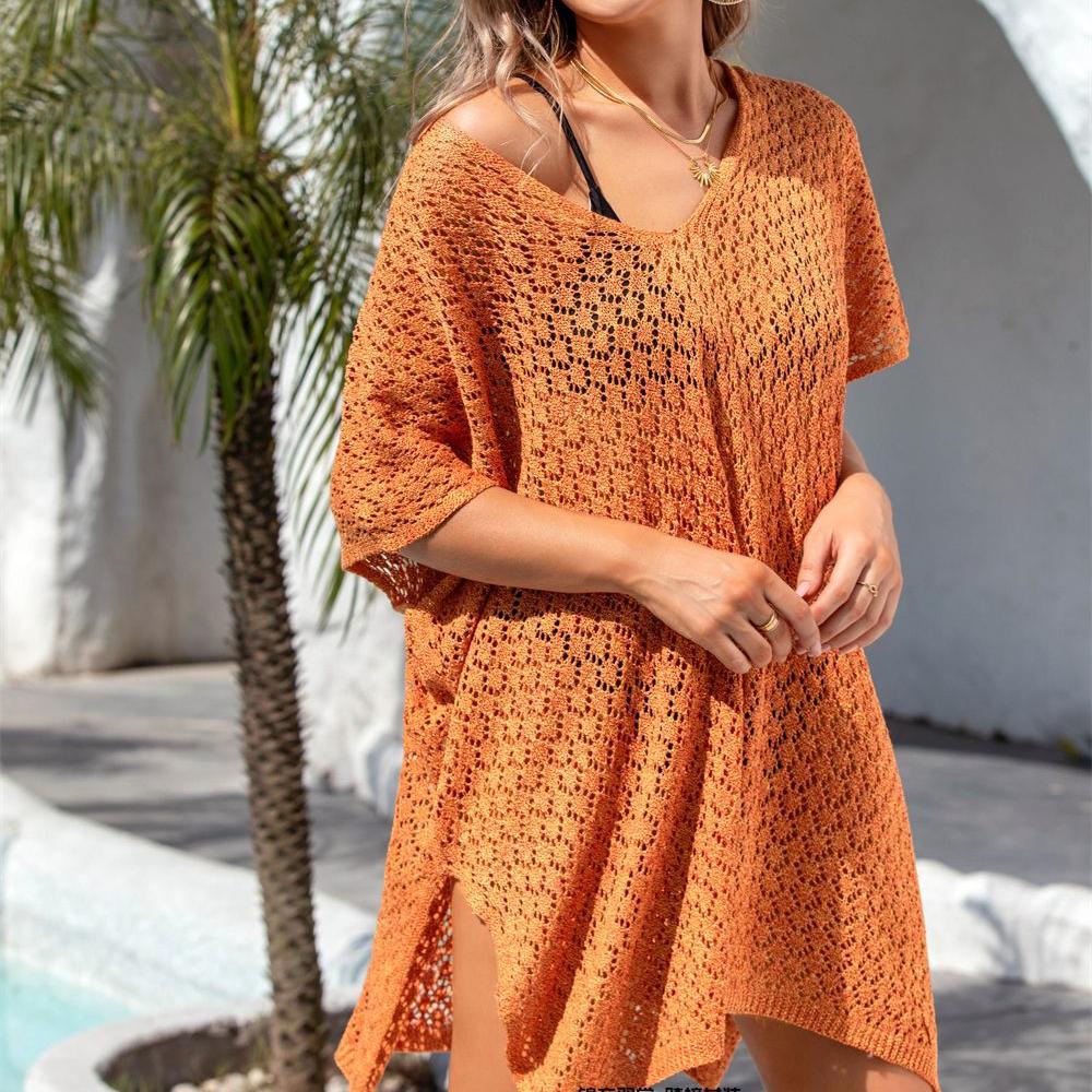 Plus Size Summer Women's Beach Cover Up Hollow Out Knit Sweater Beach Holiday Bikini Sunwear