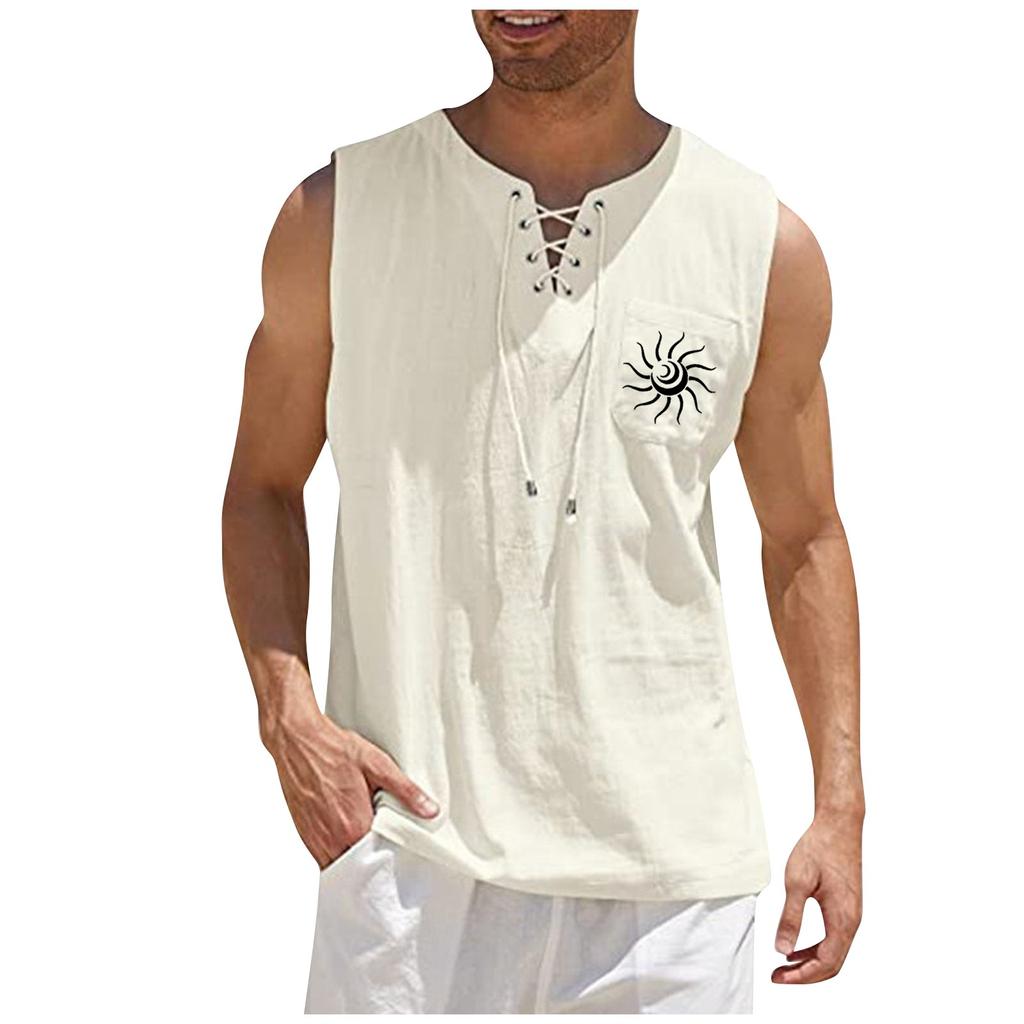 Мужские повседневные свободные хлопковые льняные рубашки с принтом, блузка, жилет без рукавов, пляжные рубашки, топы