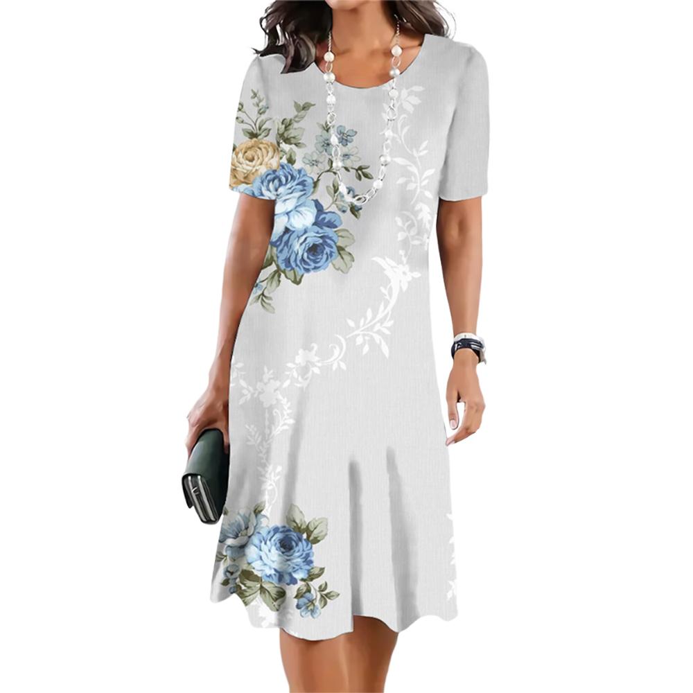 Элегантное свободное женское платье с принтом листьев 3D, платье с коротким рукавом, круглый вырез, юбка А-силуэта, летняя повседневная удобная уличная одежда