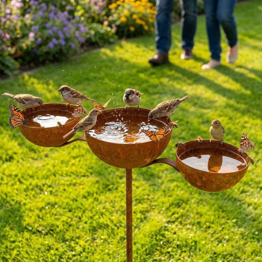 Rusted 3-Tiered Bird Bath Metal Bird Feeding Station Multi-Purpose Bird Water Bowls  Yard