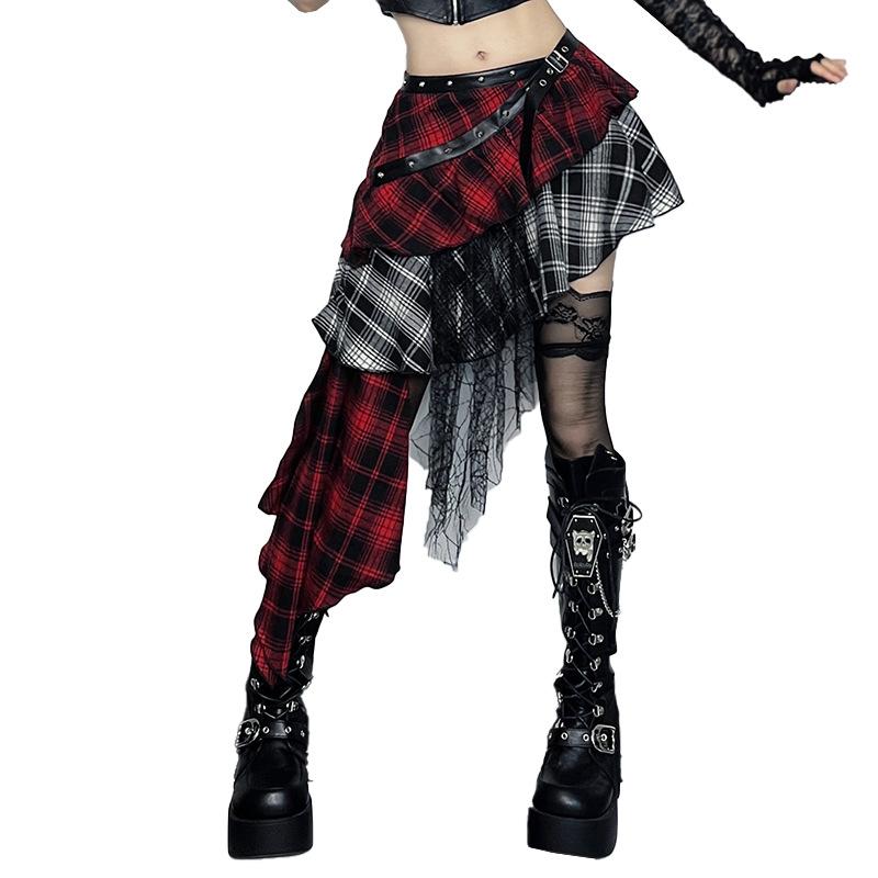 AltGoth Harajuku Гранж Готическая юбка Женская уличная одежда Панк Темная клетчатая лоскутная нестандартная юбка Y2k E-girl Эмо Альтернативная юбка
