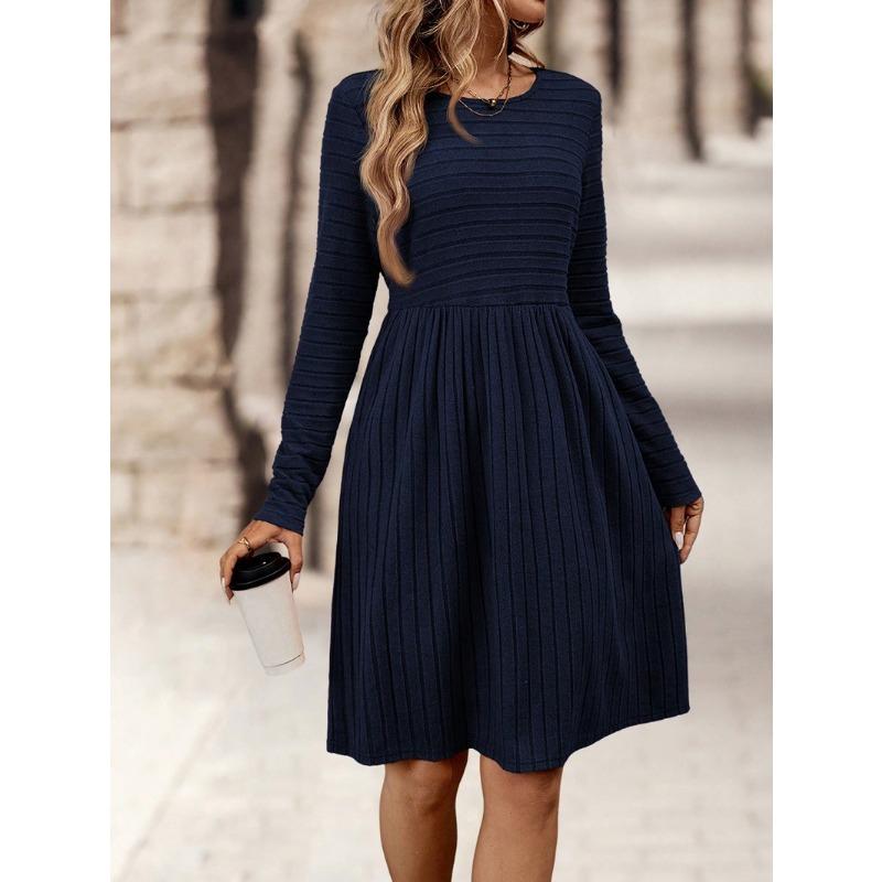 Women S Solid Color Crew Neck Long Sleeve Casual Dress