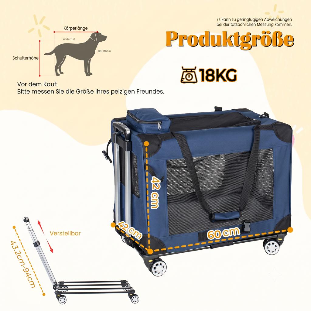 2-in-1 Foldable 60cm Carrier for Medium to Large Dogs, Transport Bag with Wheels, Box with 3 Doors and Mesh Windows, for Indoors, Outdoors and Travel