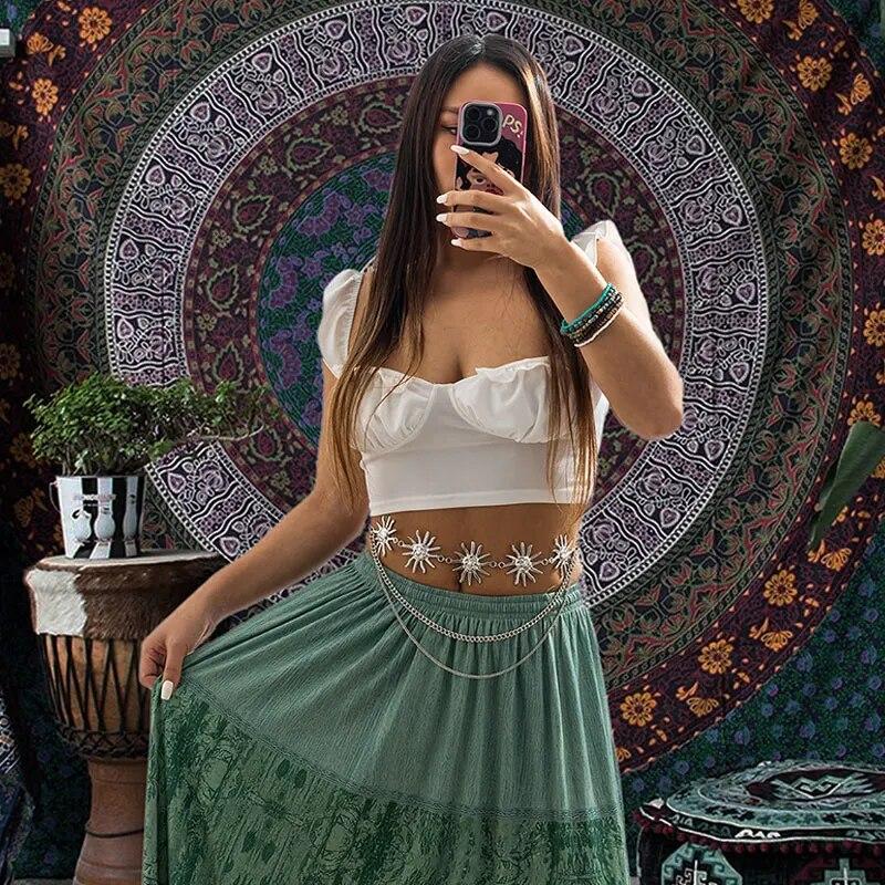 Vintage Fashion Metal Sun Flower Smile Waist Chains Women Sexy Bikini Beach Tassel Pendant Belly Body Chain Summer Jewelry