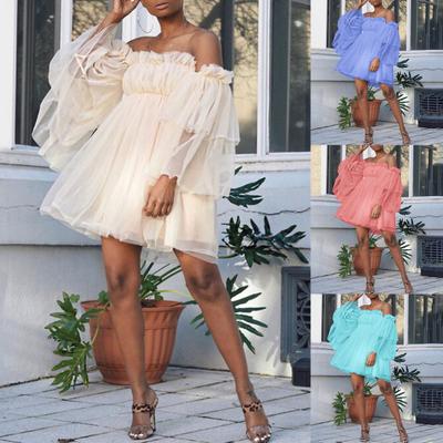 Мини-платье с открытыми плечами и рюшами, женское сетчатое платье с разрезом на шее и расклешенными рукавами, уличная одежда