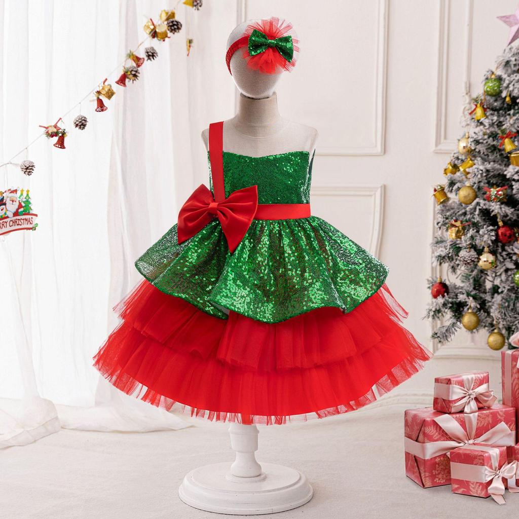 2pcs Girls Christmas Sequin Shining Party Dress Young Festival Carnival Clothes Girl Lace Birthday Time Dresses Kids New Costume